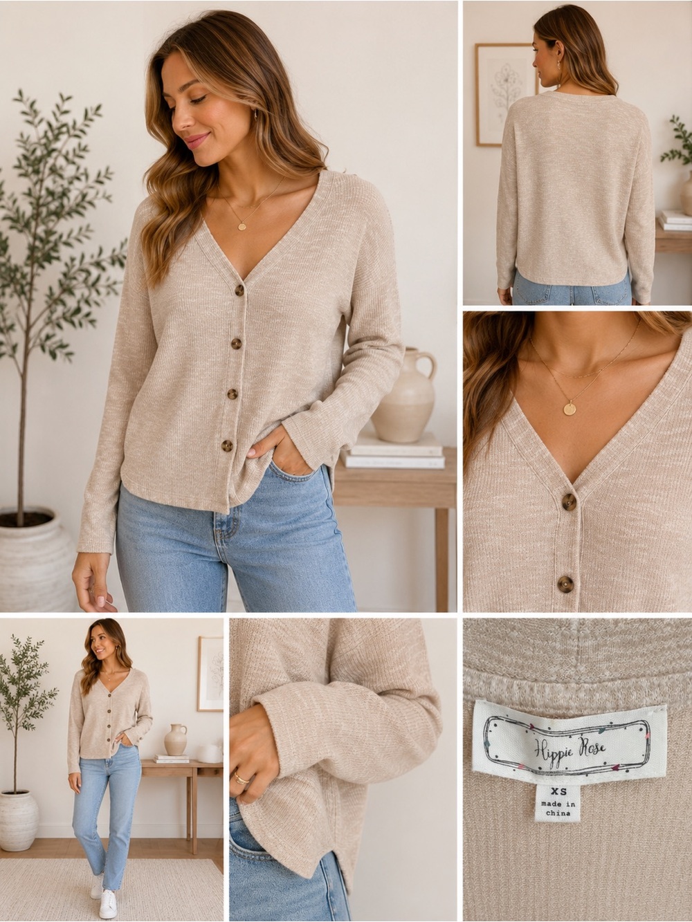 Hippie Rose Beige V-Neck Button Cardigan Sweater